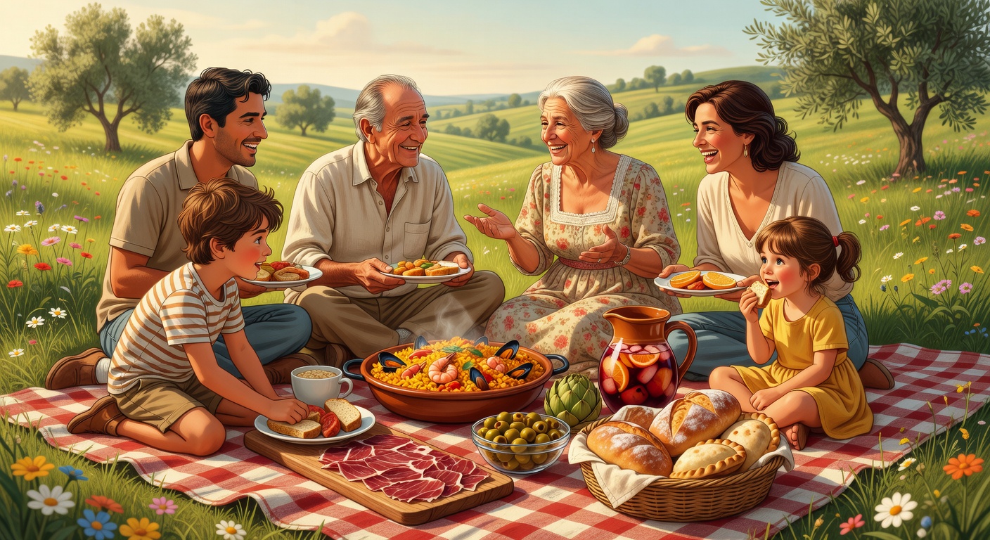 Familia española disfrutando de picnic con presupuesto organizado