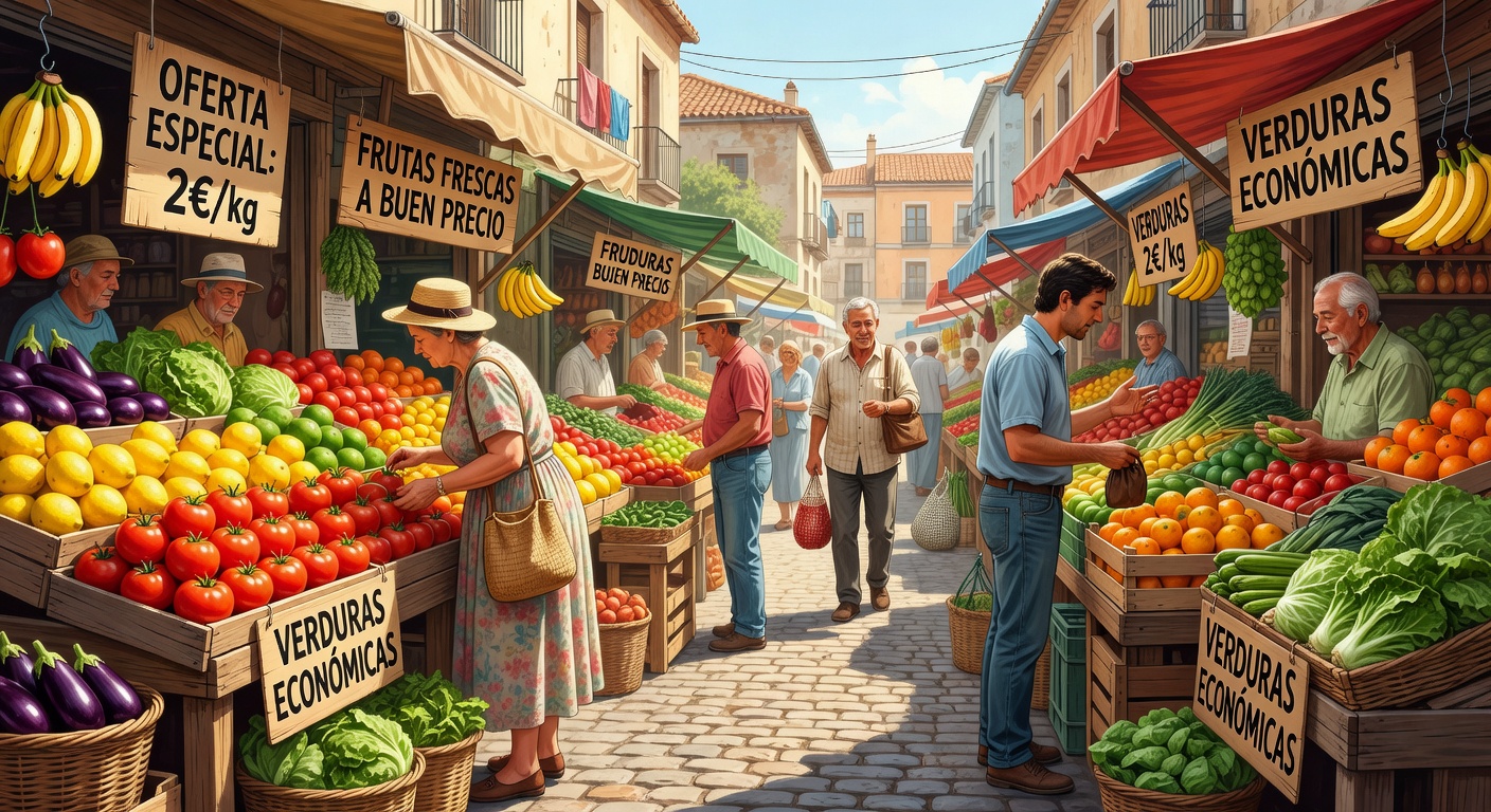 Mercado español con verduras frescas y presupuesto
